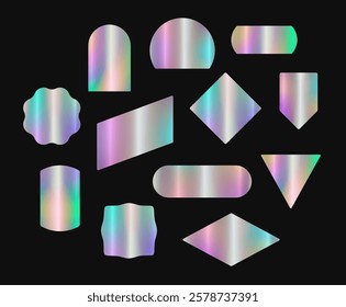 Set of realistic colorful neon sticker, blank template, label with holographic effect. Shiny rainbow emblem various shapes. Mockup for shopping icons. Gradient hologram. Vector EPS10