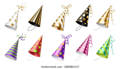 Set of realistic colorful party hat. Cone headwear for festive celebration bright with dots, stripes and ribbons. Funny holiday accessories isolated. 3d vector illustration