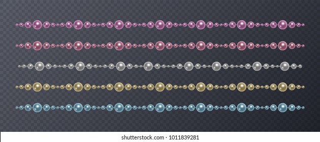 Set of realistic, colorful pearl threads on a transparent background, vector illustration