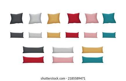 Set Of Realistic Colorful Pillows. Collection Of 3d Black, White, Yellow, Red, Pink And Blue Pillow On White Background. Element Furniture For Interior.  Vector Illustration