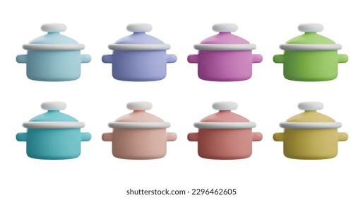 Set of realistic colorful pots 3D style, vector illustration isolated on white background. Bright kitchenware, decorative design elements collection, cooking tool