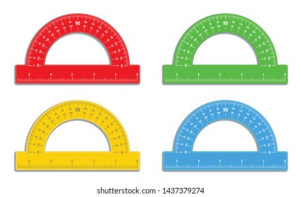 Set of realistic colorful protractors with 6 inch ruler icon. Math measure tool. Instrument for measuring angles. School supplies. Stationery