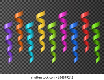 Set of  realistic  colorful  ribbons  serpentine. Purple, orange, blue, yellow, green, pink, red  decoration  streamers. Vector  3d  holiday design elements isolated on transparent  background.