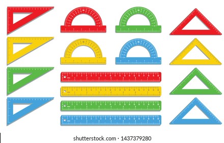 Set of realistic colorful rulers, protractors, triangles isolated on white background, measuring ruler tool marked in inch and centimeters, school supplies, office supply. Flat icon design