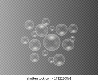 Set von realistischen bunten Seifenblasen. Transparente realistische Seifenblasen einzeln auf transparentem Hintergrund. Textur der Vektorillustration. Hellgraue Vektorillustration mit Flecken.  