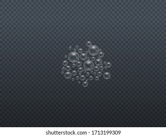 Conjunto de burbujas de jabón de colores realistas. Bichos transparentes de jabón realistas aislados en un fondo transparente. Textura vectorial. Tapa vectorial gris claro con manchas.  