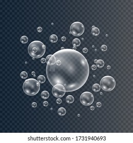 Set of realistic colorful soap bubbles to create a design. Transparent realistic soap bubbles isolated on transparent background.