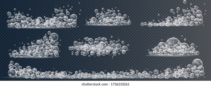 Set von realistischen bunten Seifenblasen, um ein Design zu schaffen. Transparente, realistische Seifenblasen isoliert auf transparentem Hintergrund.