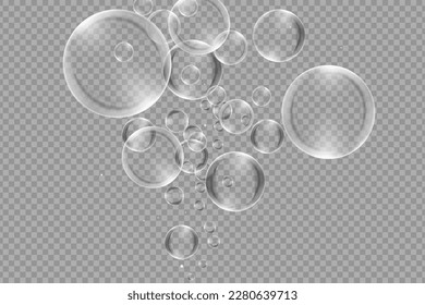 Conjunto de burbujas de jabón de colores realistas para crear un diseño. Bichos transparentes y realistas de jabón aislados en un fondo transparente