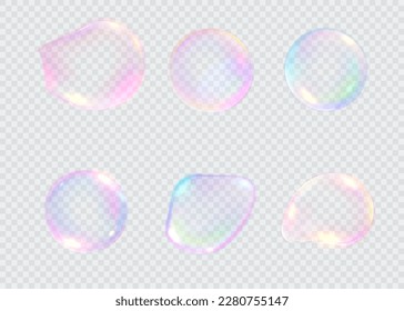 Juego de burbujas de jabón de colores realistas. Bichos transparentes y realistas de jabón aislados en un fondo transparente. Textura vectorial. Cubierta vectorial Gris claro con manchas.