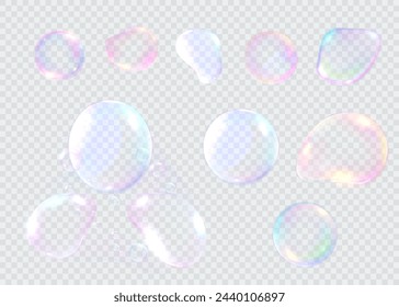 Conjunto de burbujas de jabón de colores realistas. Burbujas de jabón transparentes y realistas aisladas sobre fondo transparente.