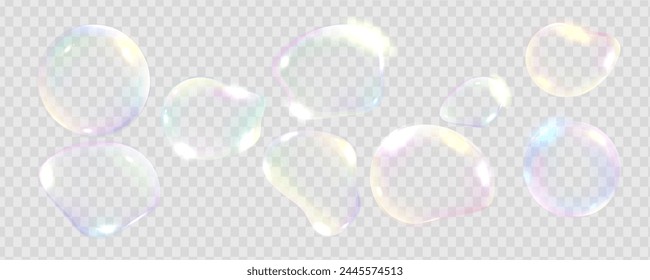Set of realistic colorful soap bubbles. Transparent realistic soap bubbles isolated on transparent background. Vector texture. Light Gray vector cover with spots.
