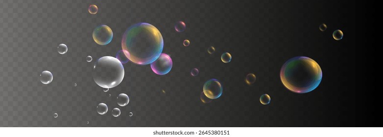 Set of realistic colorful soap bubbles. Transparent realistic soap bubbles isolated on transparent background.