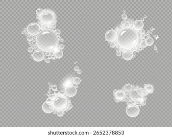 Conjunto de bolhas de sabão coloridas realistas. Bolhas de sabão realísticas e transparentes isoladas no fundo transparente.