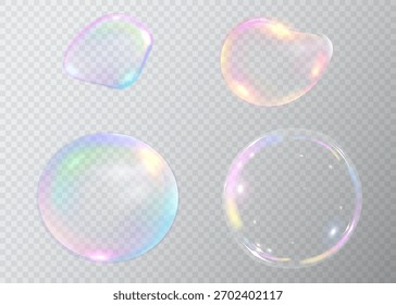 Conjunto de bolhas de sabão coloridas realistas. Bolhas de sabão realísticas e transparentes isoladas no fundo transparente.