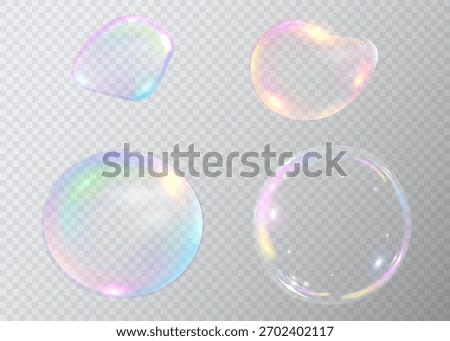 Set of realistic colorful soap bubbles. Transparent realistic soap bubbles isolated on transparent background.