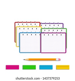 Set of realistic colorful spiral notebook with pencil and colored rubber erasers isolated on white background. Design elements for education, back to school supplies, office supply, stationery