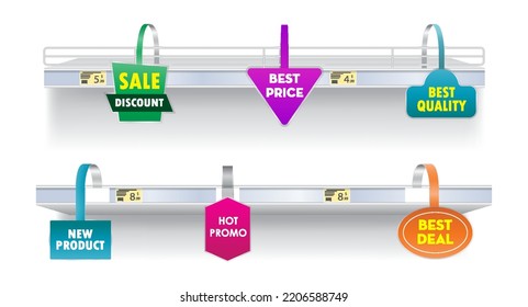 set of realistic colorful wobblers label shop shelves isolated