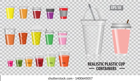 Set Of Realistic Colorfull Cup Containers, With Clear Plastic In Disposable Cups, For Soda, Tea, Cofee And Other Cold And Hot Beverages. Eps 10 Vector