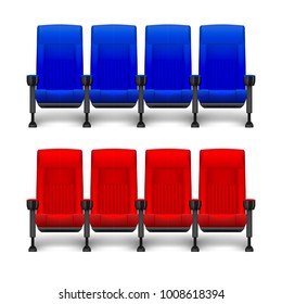 Set of realistic comfortable movie chairs for cinema theater. Cinema empty red and blue seats. Vector illustration