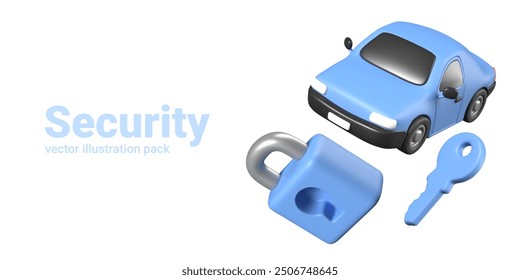 Conjunto de componentes realistas para los conceptos de seguridad del coche. Cerradura mecánica confiable para el vehículo