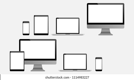 Set of realistic Computer, Laptop, Tablet and mobile phone. Modern flat screen computer monitor