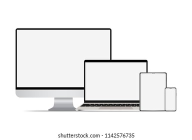 Set of realistic computer laptop tablet and smartphone. Electronic gadgets, isolated, on white background