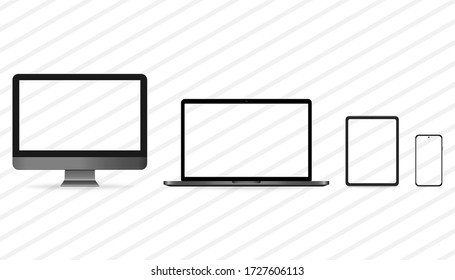 Set of realistic computer, laptop, tablet and smartphone. Mockup of desktop and mobile device. Template of pc desktop and telephone. Isolated monitor with transparent background. EPS 10.