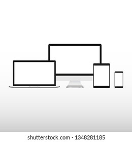 Set of realistic computer monitor, laptop, tablet and mobile phone with empty white screen. Various modern electronic gadget isolated on white background. Vector illustration EPS10