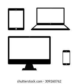 Set of realistic computer monitor, laptop, tablet and mobile phone.  Electronic gadget isolated on white background.