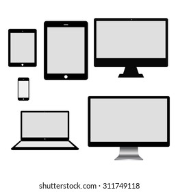 Set of realistic computer monitor, laptop, tablets and mobile phone. Electronic gadgets isolated on white background.