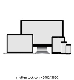 Set of realistic computer monitor, laptop, tablet and mobile phone.  Electronic gadgets isolated on white background.