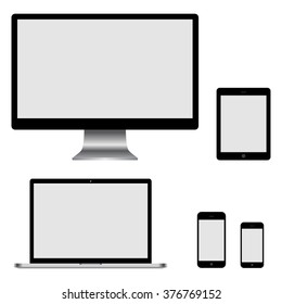 Set of realistic computer monitor, laptop, tablets and mobile phone. Electronic gadgets isolated on white background