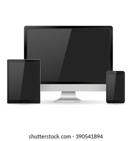 Set of realistic computer monitor, laptop, tablet and mobile phone with empty white screen. Various modern electronic gadget isolated on white background. Vector illustration EPS10
