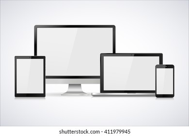 Set of realistic computer monitor, laptop,  tablet and mobile phone with empty white screen. Various modern electronic gadget isolated on white background. Vector illustration