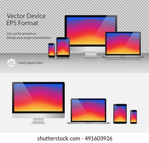 Set of Realistic Computer Monitor, Laptop, Tablets and Smartphone with Colorful Screen Isolated. Can Use for Template Presentation or Banner. Electronic Gadgets, Device Mock Up. Vector Illustration.