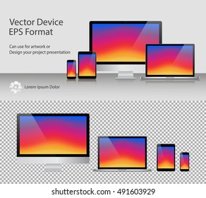 Set of Realistic Computer Monitor, Laptop, Tablets and Smartphone with Colorful Screen Isolated. Can Use for Template Presentation or Banner. Electronic Gadgets, Device Mock Up. Vector Illustration.
