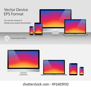 Set of Realistic Computer Monitor, Laptop, Tablets and Smartphone with Colorful Screen Isolated. Can Use for Template Presentation or Banner. Electronic Gadgets, Device Mock Up. Vector Illustration.