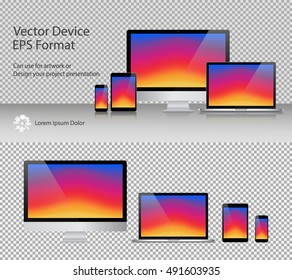 Set of Realistic Computer Monitor, Laptop, Tablets and Smartphone with Colorful Screen Isolated. Can Use for Template Presentation or Banner. Electronic Gadgets, Device Mock Up. Vector Illustration.