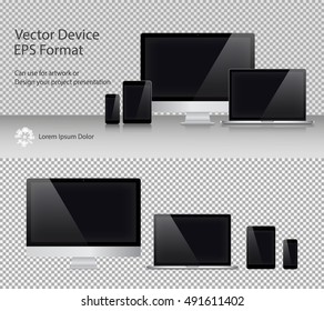 Set of Realistic Computer Monitor, Laptop, Tablets and Smartphone with Black Screen Isolated. Can Use for Template Presentation or Banner. Electronic Gadgets, Device Mock Up. Vector Illustration.