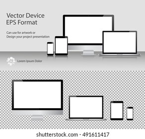 Set of Realistic Computer Monitor, Laptop, Tablets and Smartphone with Blank Screen Isolated. Can Use for Template Presentation or Banner. Electronic Gadgets, Device Mock Up. Vector Illustration.