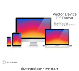 Set of Realistic Computer Monitor, Laptop, Tablet and Mobile Phone with Colorful Screen Isolated On White Background. Can Use for Template Presentation. Electronic Gadget, Device Mockup. Vector Device