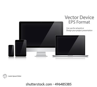 Set of Realistic Computer Monitor, Laptop, Tablet and Mobile Phone with Blank Screen Isolated On White Background. Can Use for Template Presentation. Electronic Gadget, Device Mockup. Vector Device.