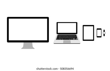 set of realistic computer monitor, laptop, tablet, smartphone and smart watches, vector electronic gadget