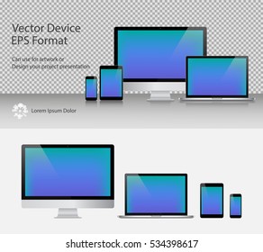 Set Of Realistic Computer Monitor, Laptop, Tablets And Smartphone With Shadow Screen Isolated. Can Use For Template Presentation Or Banner. Electronic Gadgets, Device MockUp. Vector Illustration.