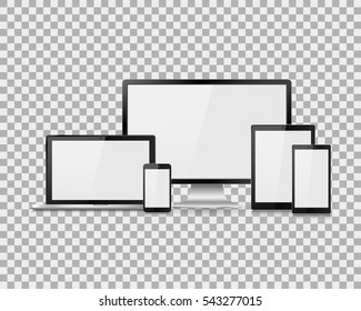 Set of realistic computer monitor, laptop, tablet and mobile phone with empty white screen. Various modern electronic gadget on isolate background. Vector illustration EPS10