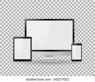 Set of realistic computer monitor, laptop, tablet and mobile phone with empty white screen. Various modern electronic gadget on isolate background. Vector illustration EPS10