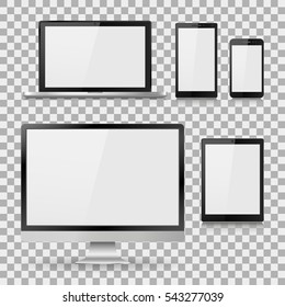 Conjunto de monitores de ordenador, portátiles, tableta y teléfono móvil realistas con pantalla blanca vacía. Varios aparatos electrónicos modernos en un fondo aislado. Ilustración del vector EPS10