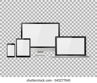 Conjunto de monitores de ordenador, portátiles, tableta y teléfono móvil realistas con pantalla blanca vacía. Varios aparatos electrónicos modernos en un fondo aislado. Ilustración del vector EPS10