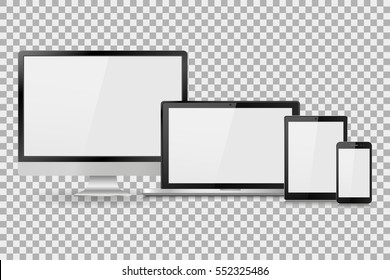 Conjunto de monitores de ordenador, portátiles, tableta y teléfono móvil realistas con pantalla blanca vacía. Varios aparatos electrónicos modernos en un fondo aislado. Ilustración del vector EPS10